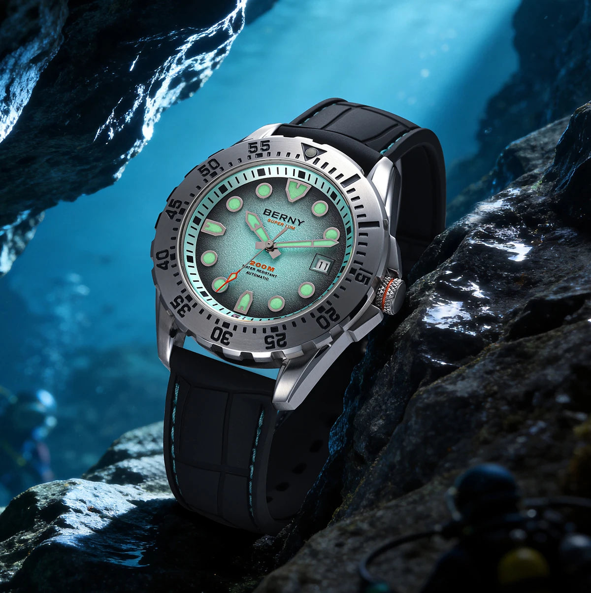 BERNY Men's Automatic Diver Watch Supper Luminous Sapphire AR Coated MIYOTA 8215 316LStainless Steel Single Crown Diving Watches