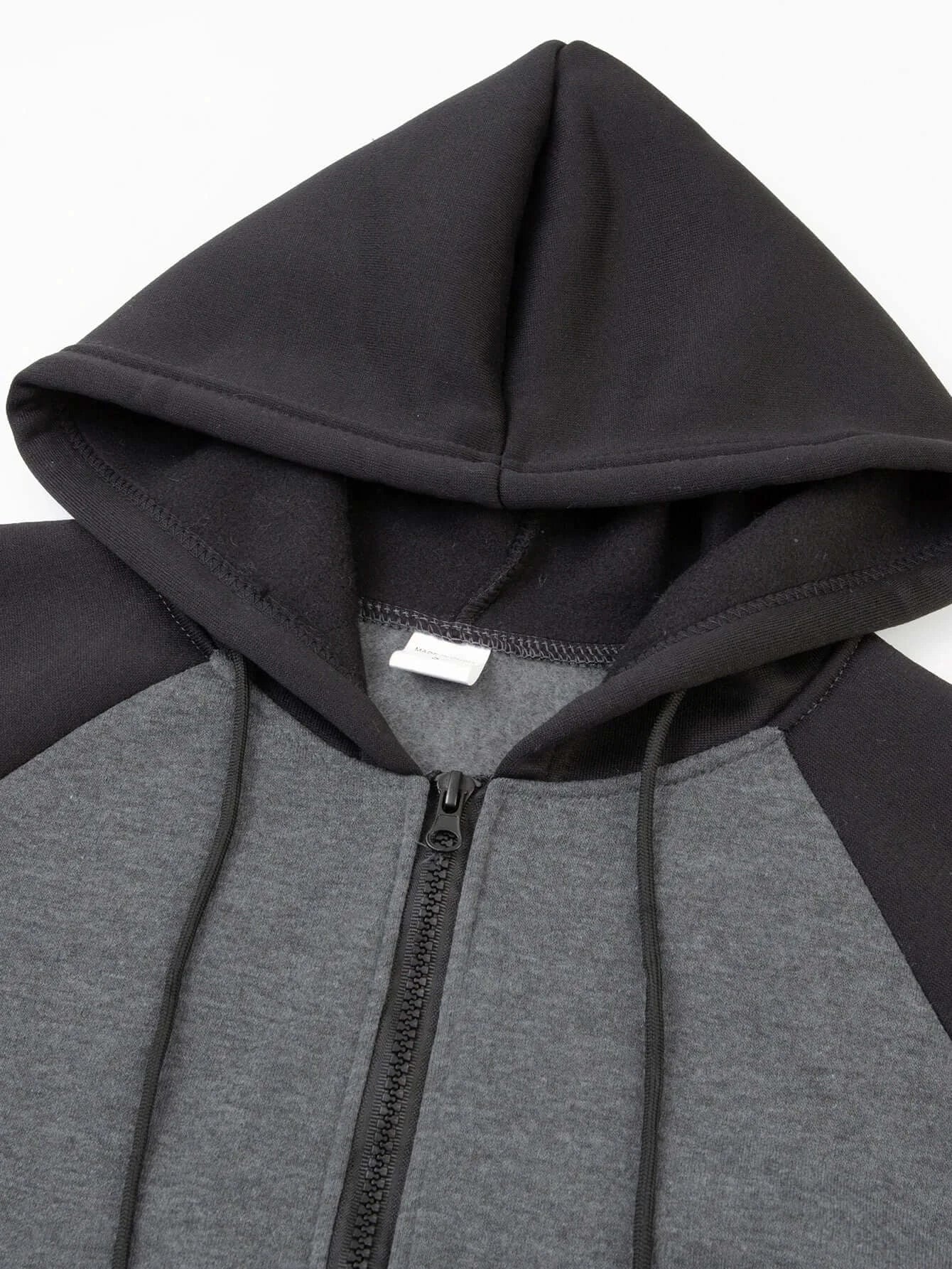 Autumn Winter New Zipper Fleece Hooded Coat Casual Men Women Plus Size Loose Pullover Fashion Raglan Sleeves Sweatshirt Top, sweat à capuche zippé gris et noir
