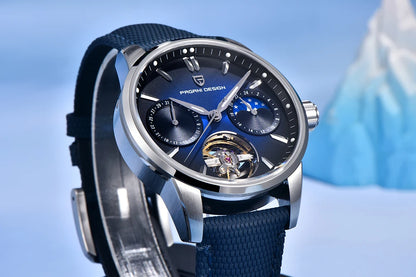 PAGANI DESIGN – Luxus mechanikus férfi karóra, 41 mm, zafírüveg, bőr szíj, vízálló, pilóta stílusú, tourbillon és holdfázis kijelzővel