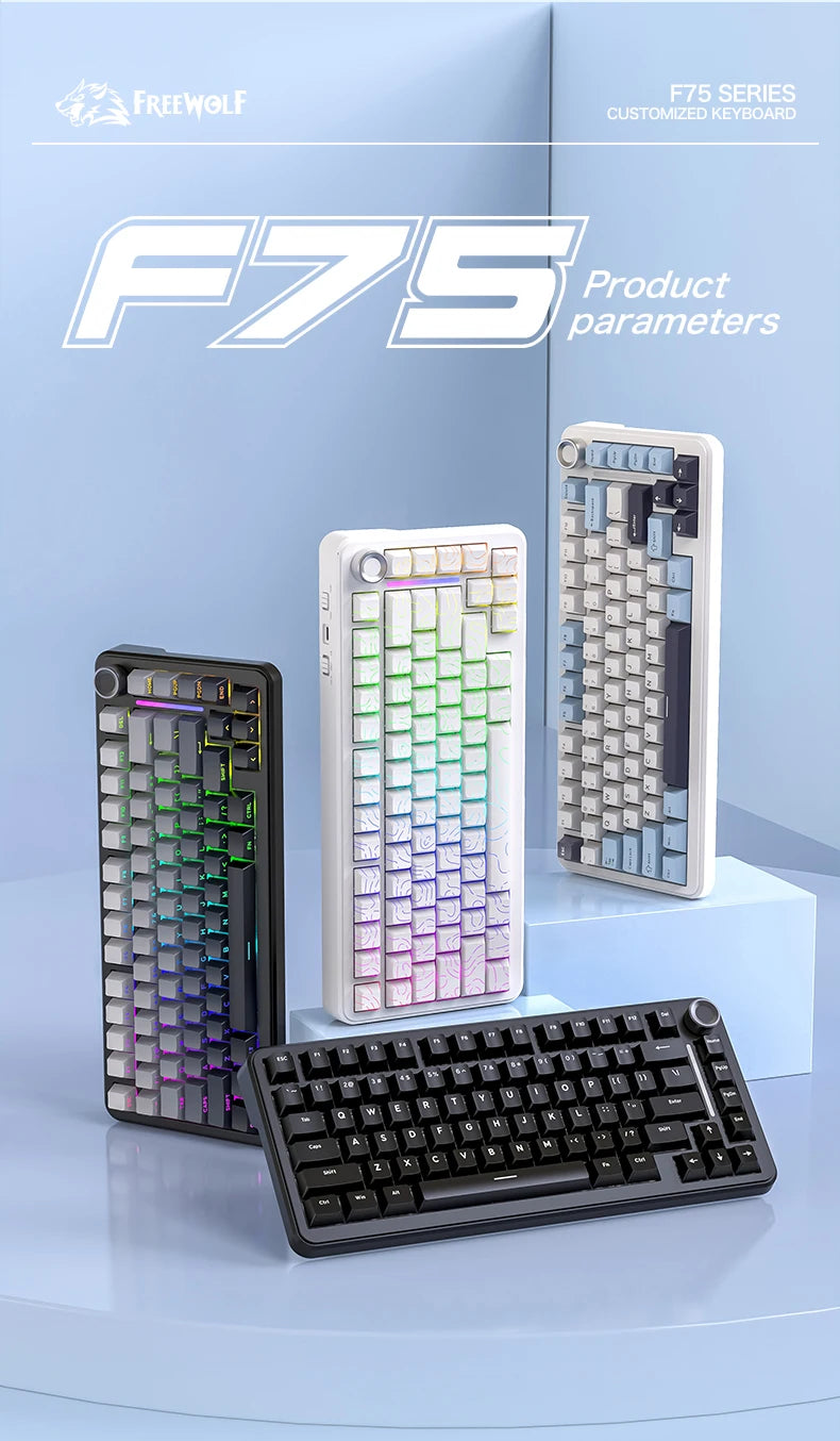 F75 Mechanische Tastatur FREEWOLF * AULA F75 Bluetooth-Tastatur mit drei Verbindungsmodi, speziell für Gaming und Büro entwickelt