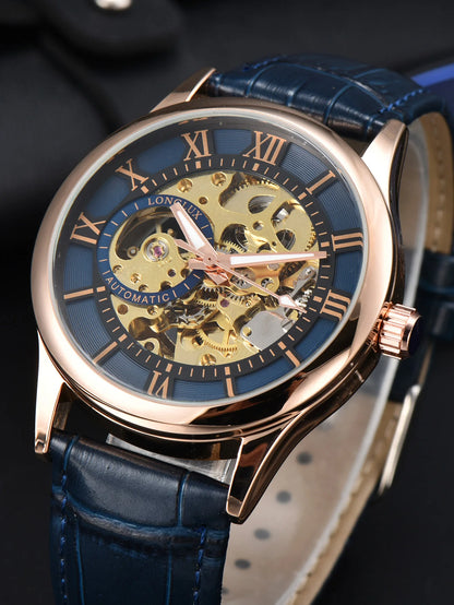 Men’s automatic watch, luxury style, Roman numeral dial, open-worked (skeletonised) movement, water-resistant, luminescent hands, leather strap – An ideal choice as a gift.