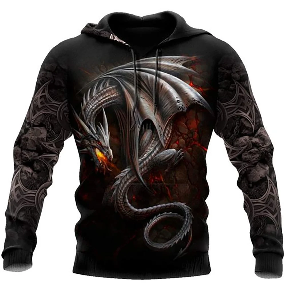 Herbst-Winter-Kapuzenpullover für Herren, langärmelig, mit 3D-Tattoo-Drachen-Print, Unisex-Streetwear-Sweatshirt, lässiger Trainingsanzug-Pullover