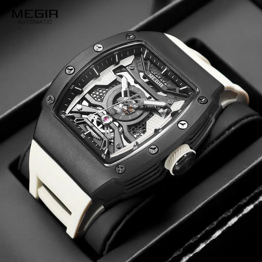 MEGIR Men's Automatic Mechanical Watch with Stainless Steel Case Silicone Strap Fashion Waterproof Luminous Wristwatch 8604