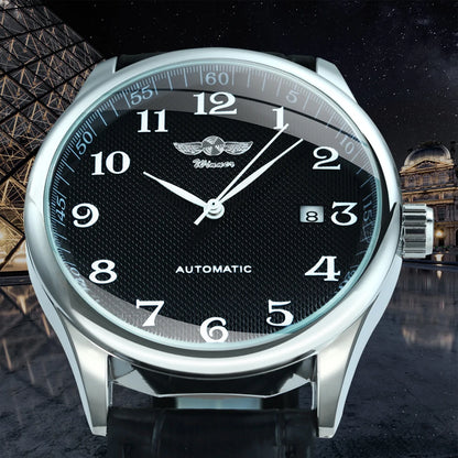 Herrklocka WINNER – Klassisk, retro och elegant stil – Mekanisk automatisk klocka med kalender – Lyxmärke, boett i stål och läderarmband