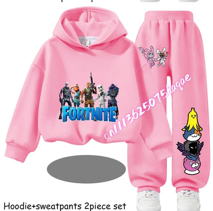 Fortnite-bedruckte Kinder-Hoodies, Cartoon-Design, bequemes 2-teiliges Set, locker sitzende Langarm-Oberteile mit Hose, Herbst-/Winterkleidung, Geschenk