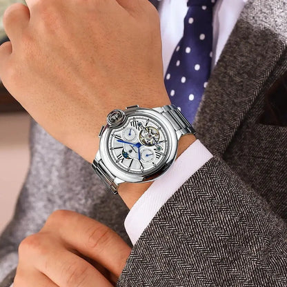 POEDAGAR men’s watch, luxury and professional style, with date and day display, tourbillon, stainless steel case, automatic mechanical movement and water resistance.