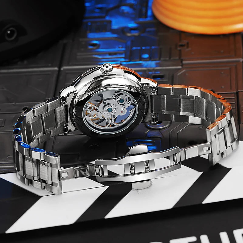 Férfi szkeleton óra, divatos stílusban, szivárvány színekben ragyogó drágakövekkel díszítve, tourbillon szerkezettel; luxus automata mechanikus óra, 30 méterig vízálló.