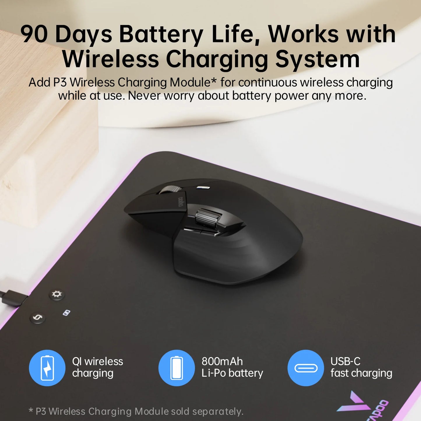 Mouse wireless ricaricabile multimodale Rapoo MT760L/MT760M, ergonomico, 4000 DPI, supporto fino a 4 dispositivi, Bluetooth