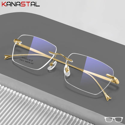 Men Pure Titanium Eyeglasses Frame Women Ultralight Rimless Glasses Blue Light Blocking Lens Prescription Myopia Reading Eyewear
