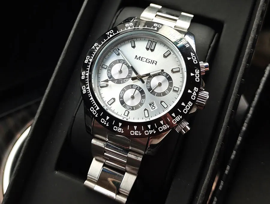 MEGIR men’s watch, luxury brand, quartz sports watch, stainless steel bracelet, water-resistant, chronograph, wristwatch