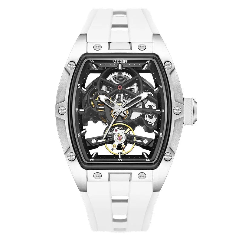 MEGIR 2242 Blue Automatic Watch for Men Sport Waterproof Stainless Steel Mechanical Wristwatch with Silicone Strap Skeleton Dial