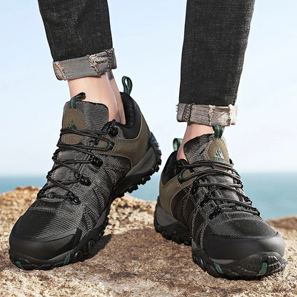 HIKEUP fire-sæsons vandresko til mænd, udendørssport, ægte læder, slidstærke klatresko, gummisål, trekking-sneaker