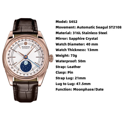 Sugess 40mm Watch of Men Moonphase Automatic ST2108 Movement Sapphire Crystal Mechanical Wristwatches Waterproof Date 2024 New