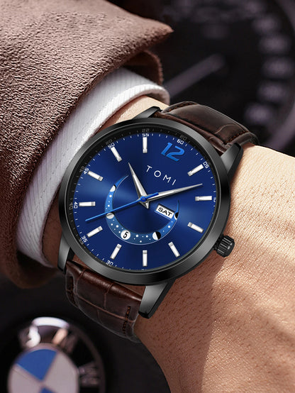 Orologio al quarzo TOMI, dallo stile elegante e professionale, con cinturino in pelle, cassa in lega e quadrante con lancette – Design di alta gamma, idea regalo per uomo