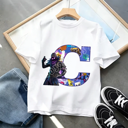 Fortnite A-Z Alphabet Print T-Shirt Summer Kids White Clothing Popular Cartoon Game T-Shirt Fashion Casual Short Sleeve Top Gift