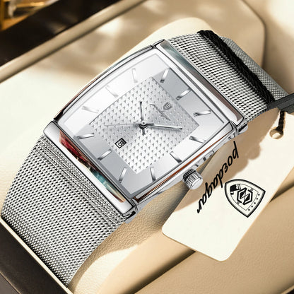 Montre pour homme POEDAGAR, modèle de luxe, bracelet en maille d'acier inoxydable, affichage de la date, étanche, aiguilles luminescentes, style décontracté, boîtier rectangulaire, mouvement à quartz.