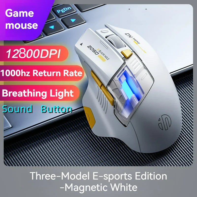Rato Gaming Inphic A9 Pro Tri-Mode com Coluna de Luz Colorida, Indicador de Bateria, DPI Ajustável, Controlador Macro, Design Ergonómico, 12800DPI