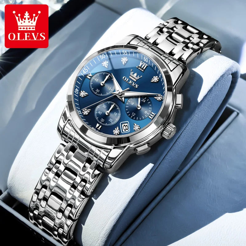OLEVS ladies’ watch, luxury brand, quartz, water-resistant, luminous, date display, chronograph, bracelet, dress watch with diamonds.