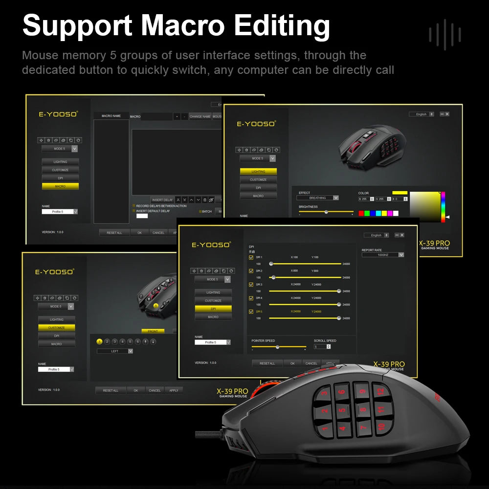 E-YOOSO X-39 USB Wired RGB Gaming Mouse 24000 DPI SG8960 19 buttons programmable game Optical mice for Computer PC Laptop