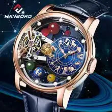 HANBORO men’s mechanical watch – Automatic movement, alarm, hourly chime, water-resistant to 100 m, sapphire crystal, steel case, elegant and unique style.