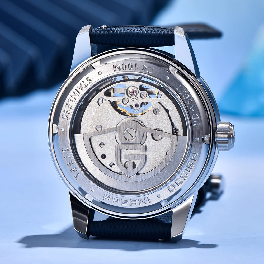PAGANI DESIGN – Luxus mechanikus férfi karóra, 41 mm, zafírüveg, bőr szíj, vízálló, pilóta stílusú, tourbillon és holdfázis kijelzővel
