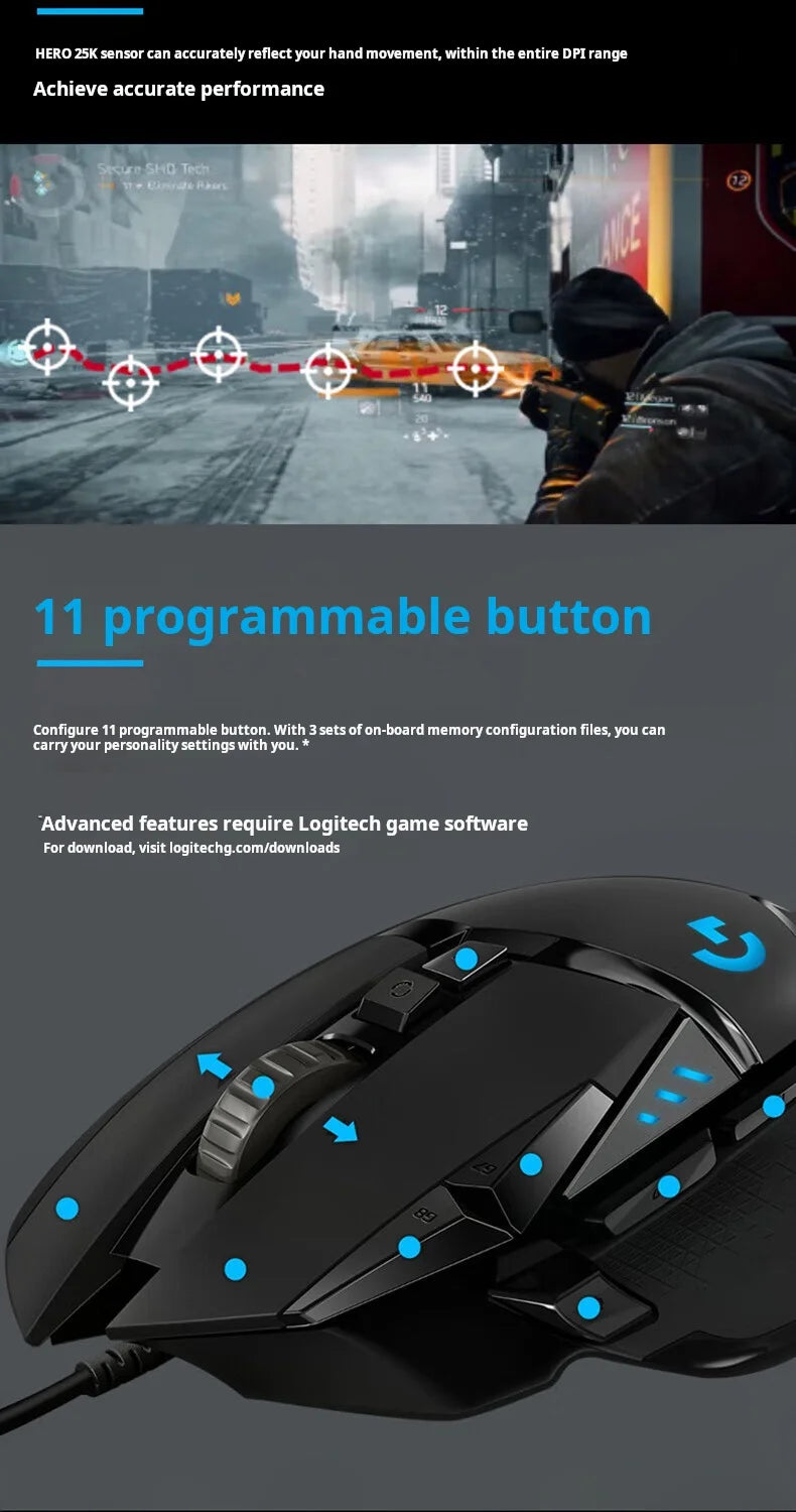 Ratón gaming con cable Logitech G502 HERO de alto rendimiento, sensor HERO 25K, 25,600 DPI, RGB, pesos ajustables, 11 botones, ratón para PC/Mac