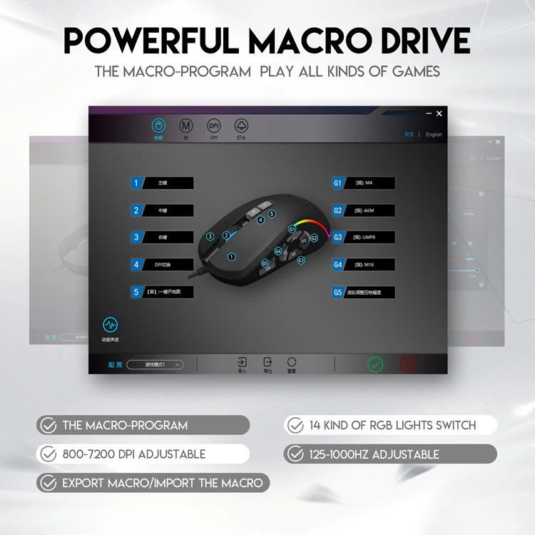 Mouse cablato da gaming e ufficio 7200 DPI con retroilluminazione RGB, 6 livelli DPI regolabili, 10 pulsanti programmabili e pulsante per tornare al desktop