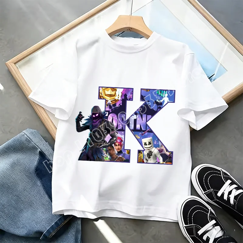 Fortnite A-Z Alphabet Print T-Shirt Summer Kids White Clothing Popular Cartoon Game T-Shirt Fashion Casual Short Sleeve Top Gift