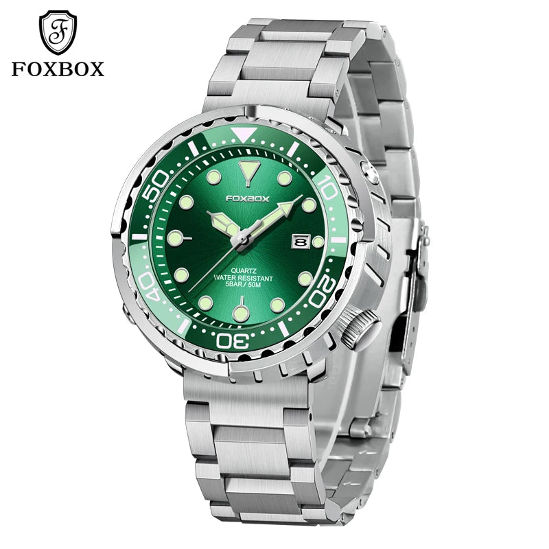 FOXBOX  Top Brand Fashion Diver Watch Men 50ATM Waterproof Date Clock Sport Watches Mens Quartz Wristwatch Relogio Masculino