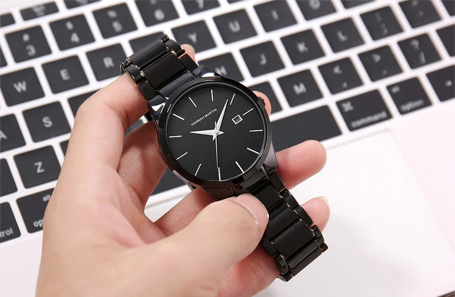 Hannah Martin férfi karóra, rozsdamentes acél tok, kvarc szerkezet, 41 mm-es számlap, üzleti stílus, naptárkijelzéssel (utánzat)