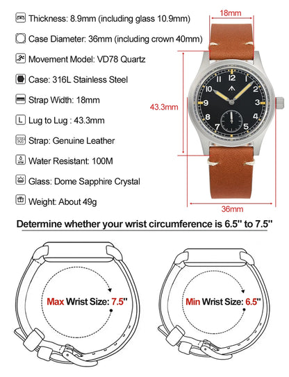 Militado D12 Quartz Watch Men VD78 Movement Domed Sapphire Crystal V2 Clear AR Coating Wristwatch 10Bar Water Resistance Watch
