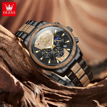OLEVS 3645 men’s wooden watch, luxury, with night-light, multifunctional chronograph, quartz, retro style, trendy sports watch.