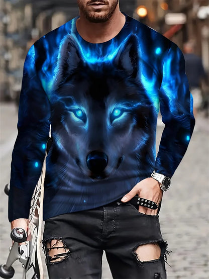 2024 Neues Herren-Langarmshirt mit Wolf-Print – lässiges Herren-Shirt für Frühling und Herbst, Street-Fashion-Langarmshirt
