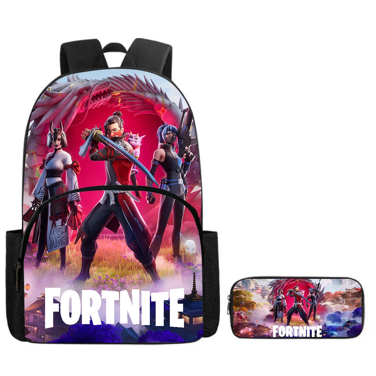 Mochila Fortnite Cartoon com Bolso Frontal e Estojo 2PCS - Conjunto Escolar para Meninos e Meninas dos 5 aos 8 Anos, Presente de Regresso às Aulas