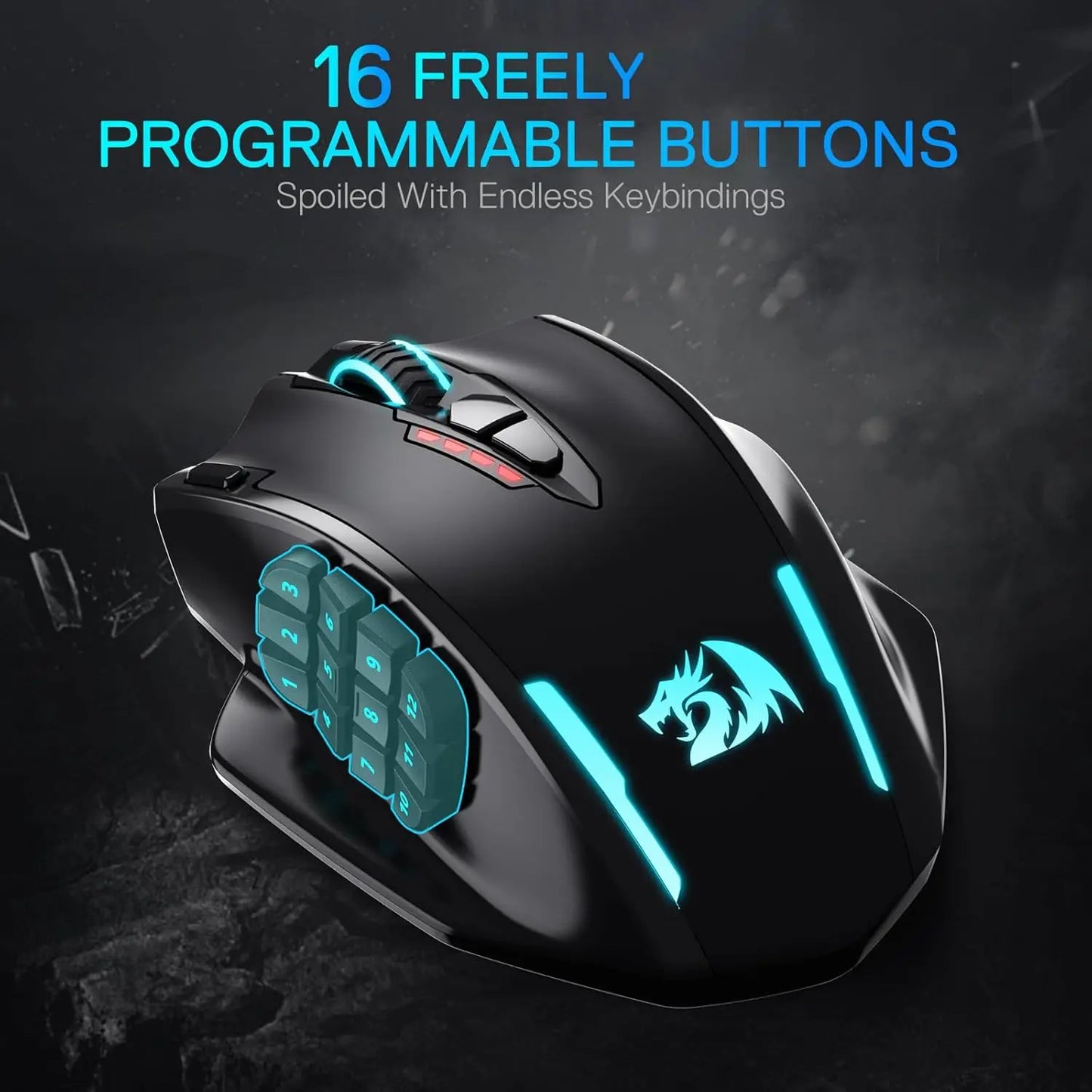 Mouse gaming ottico wireless Redragon M913 MAX 26000 DPI MMO con 16 pulsanti programmabili