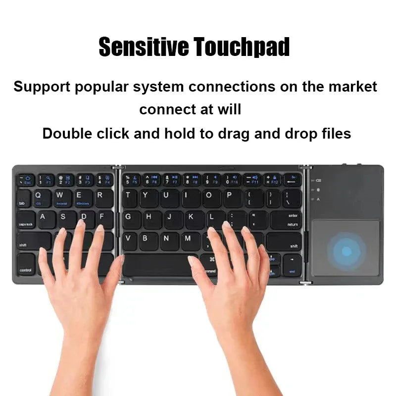 Teclado Bluetooth plegable en tres partes con touchpad, mini teclado portátil recargable, teclado inalámbrico para Windows Android iOS