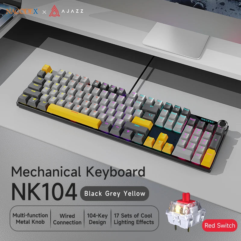 Teclado Mecânico AJAZZ NK104 com Fio, Teclas de Dupla Injeção, 104 Teclas, Hot-Swapping, Retroiluminação LED Híbrida, Teclado Gamer para Portátil e PC