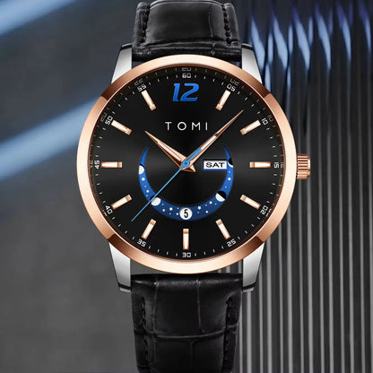 Orologio al quarzo TOMI, dallo stile elegante e professionale, con cinturino in pelle, cassa in lega e quadrante con lancette – Design di alta gamma, idea regalo per uomo