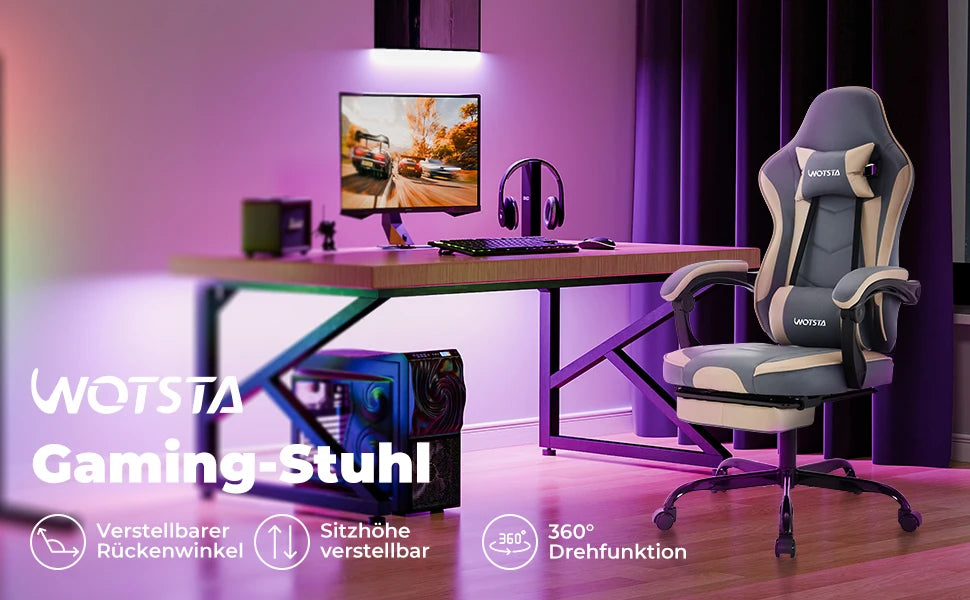 WOTSTA Gaming Chair with Footrest Gamer Chairs Ergonomic with Lumbar Cushion Headrest Chair Height Adjustable Computer Chair