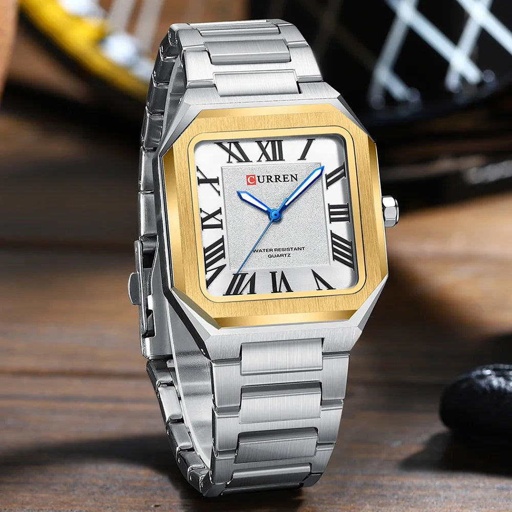 CURREN Vintage Square Design Dial with Roman Numeral Classic Business Dress Quartz Watch for Men with Luminous Hands 8482
