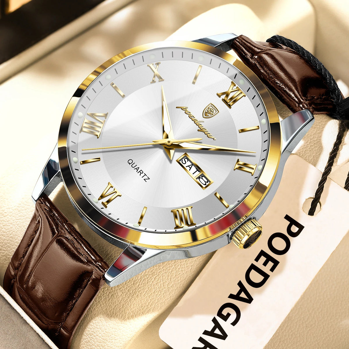 Trendy POEDAGAR men’s watch, leather strap, date and day display, luxury quartz watch, water-resistant, luminous, casual business style.