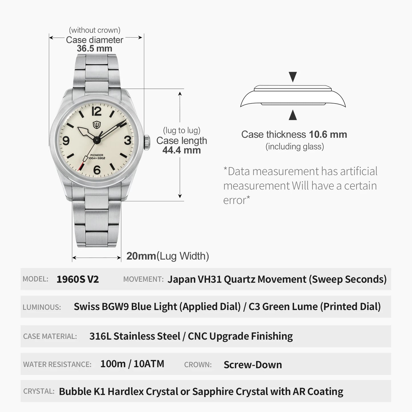 Watchdives WD1960S V2 36.5mm Quartz Watch VH31 Sweep Seconds Vintage Style Sapphire Crystal BGW9 Lume 100M Waterproof Steel