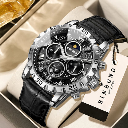 Authentic and accurate BINBOND quartz wristwatch for men, a luxury, water-resistant chronograph with a luminous display and leather strap.