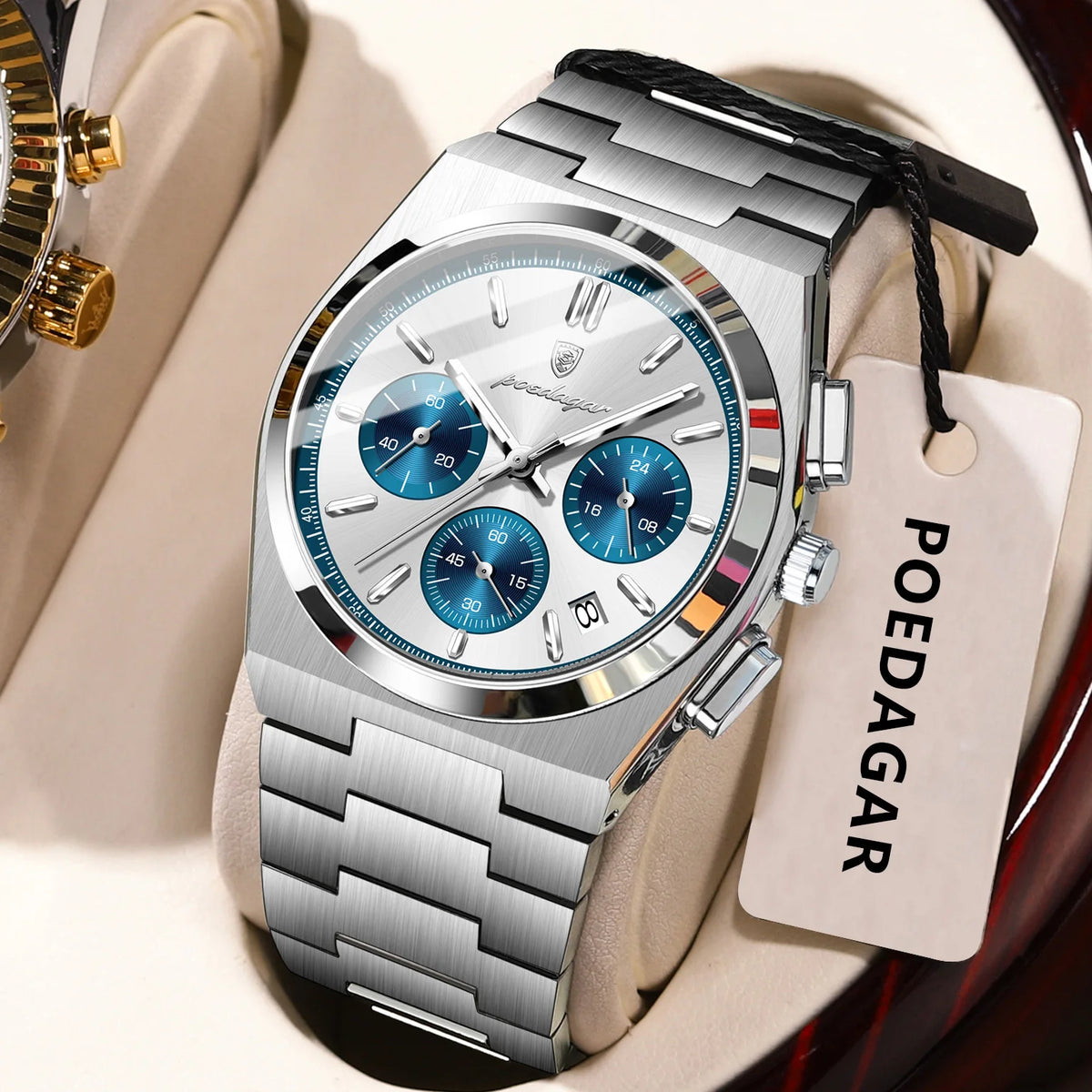 POEDAGAR Men’s Watch – Luxury stainless steel chronograph, with date, water-resistant and luminescent – Sporty quartz wristwatch
