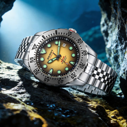 BERNY Men's Automatic Diver Watch Supper Luminous Sapphire AR Coated MIYOTA 8215 316LStainless Steel Single Crown Diving Watches
