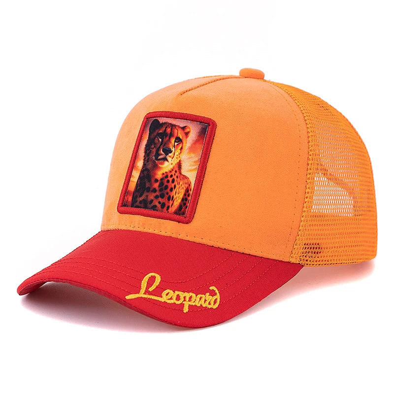 Unisex tinklinė kepurė su liūto raštu, su odiniu apdaila, moterims ir vyrams, vasarinė gyvūnų motyvo beisbolo kepurė, madinga „trucker“ stiliaus kepurė