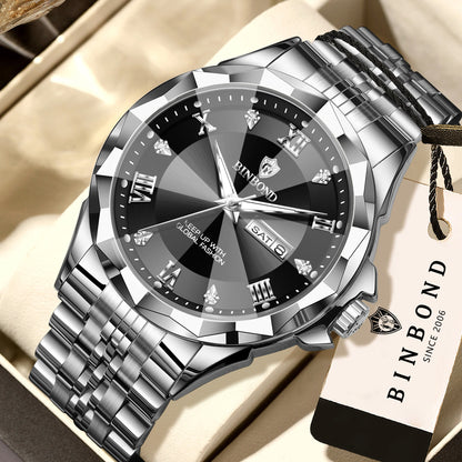 Relógio de quartzo para homem BINBOND – Relógio de pulso de luxo, luminoso e estanque, com indicação do dia da semana e data automática.