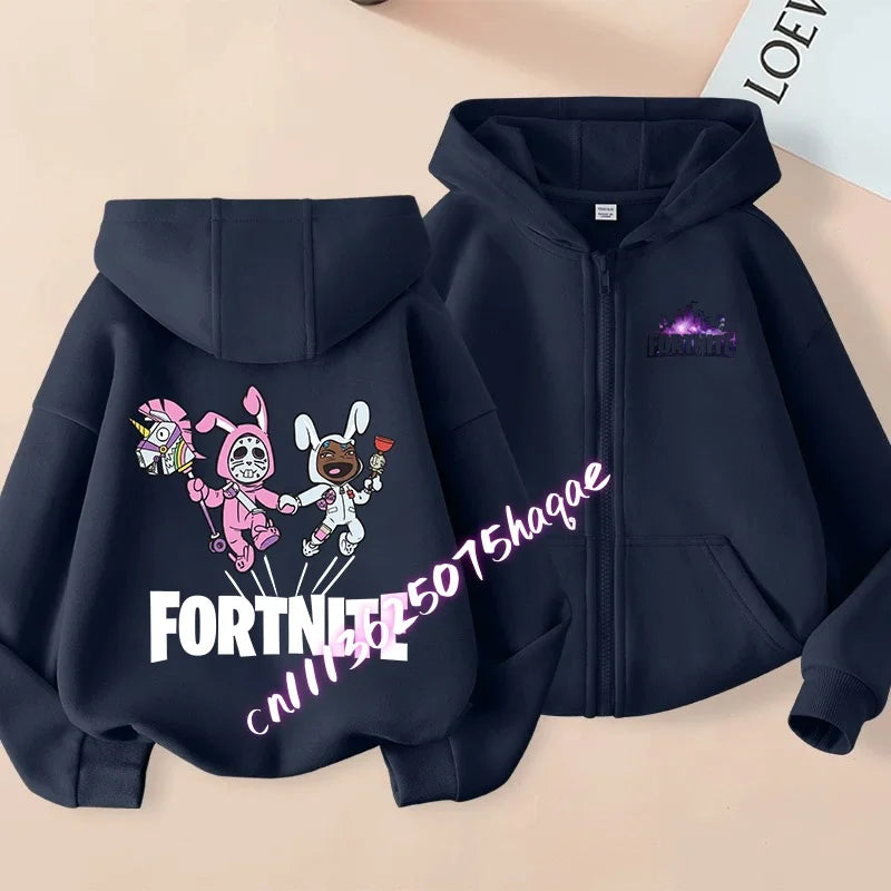 Ново детско яке с качулка Fortnites — суитшърт с цип и щампа на анимационен игрови персонаж, есенно-зимни дрехи за момчета