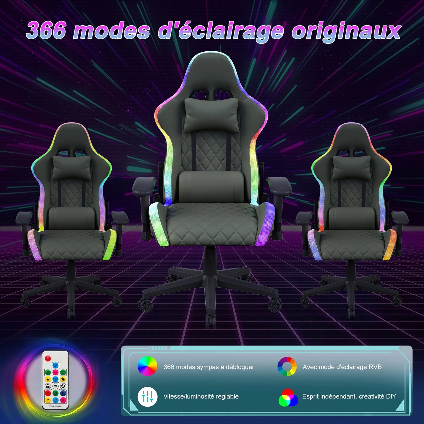 Rosahqnda Gaming Chair with Massage Function, Adjustable Office Chair, Gamer Chair with LED, Lumbar Cushion, Pillow, 150 KG