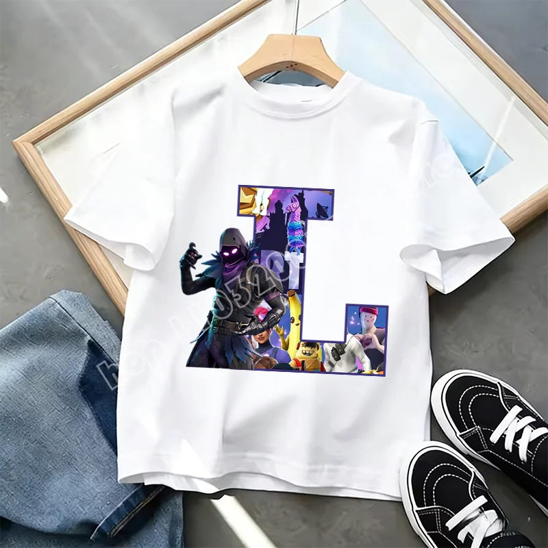 Fortnite A-Z Alphabet Print T-Shirt Summer Kids White Clothing Popular Cartoon Game T-Shirt Fashion Casual Short Sleeve Top Gift